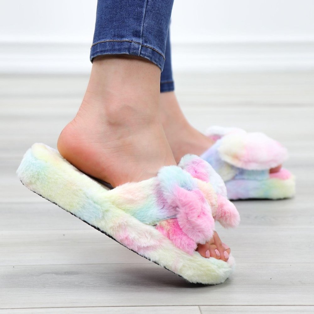 Bow Tie Furry Slip On Tie Dye Slippers - Picture 8 of 16